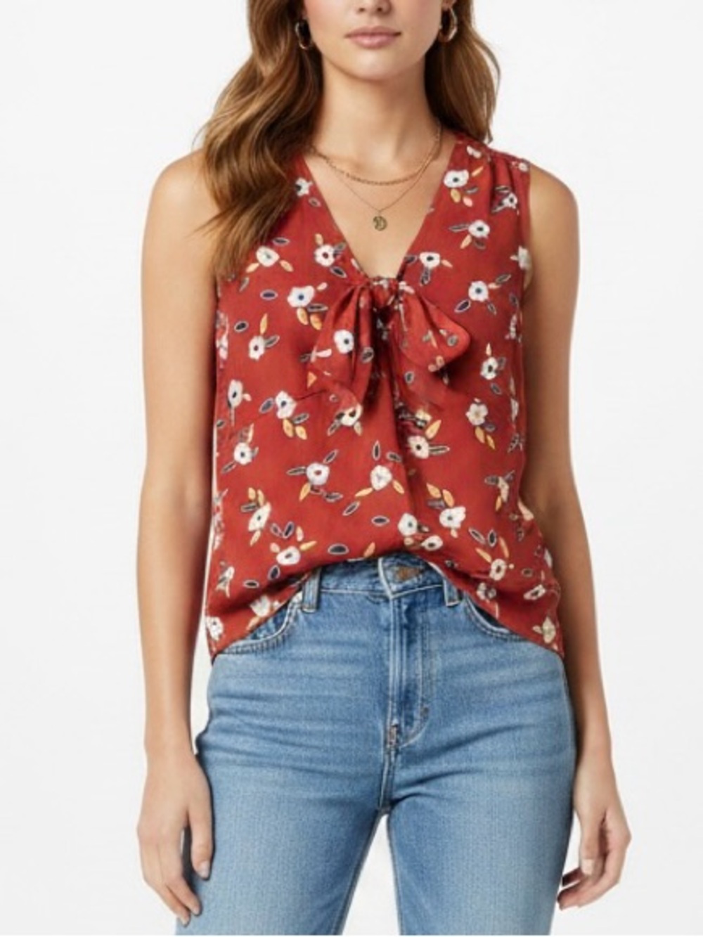 CAbi Red Floral Tie-Front Sleeveless Blouse